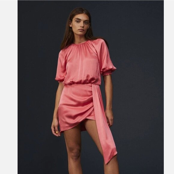 Saylor Zulu Satin Puff-Sleeve Minidress in Melon Pink - Picture 1 of 14
